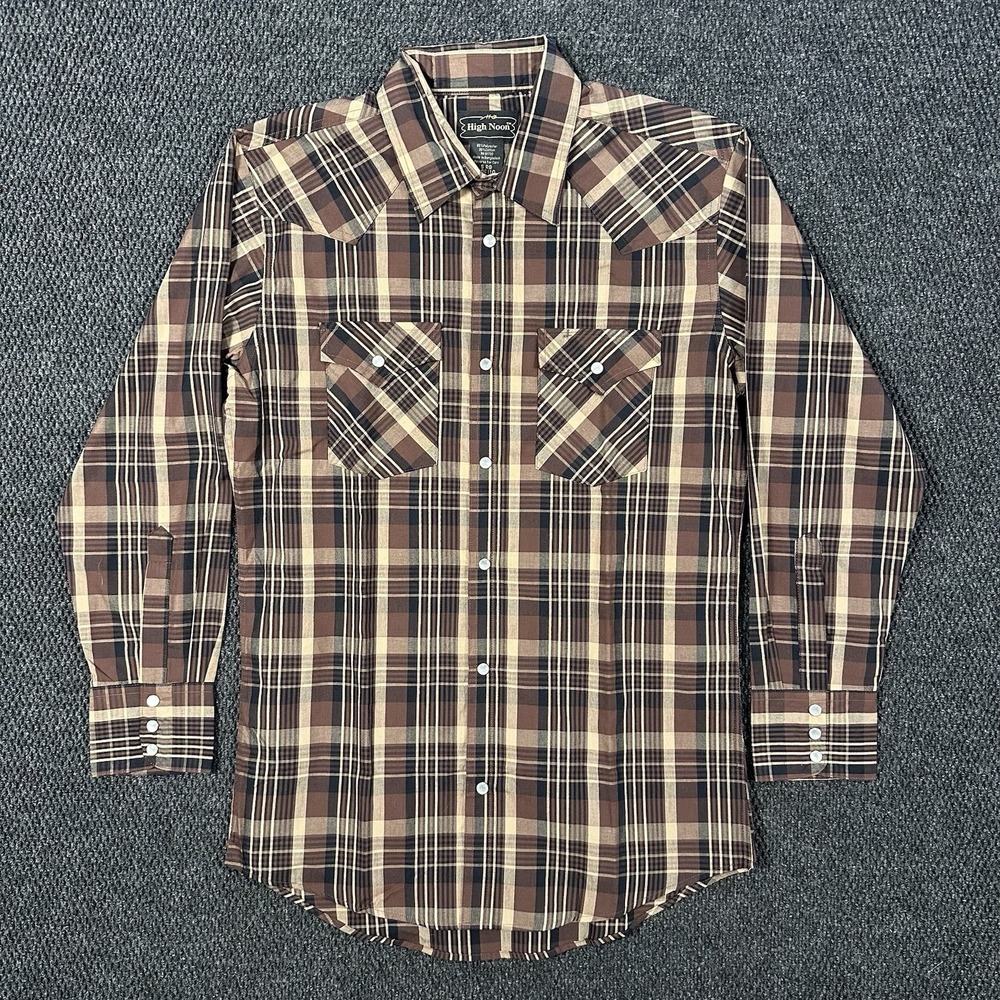 High Noon Men's Western Pearl Snap Shirt Small Brown Black Plaid Long Sleeve